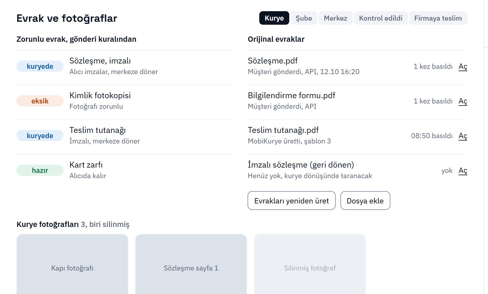 Evrak ve fotoğraflar: gönderi kuralından gelen zorunlu evraklar (sözleşme, kimlik fotokopisi, teslim tutanağı, kart zarfı) durumlarıyla; orijinal PDF'ler ve kaç kez basıldığı.